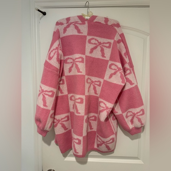 SOLD - Altar’d State Coquette Pink Checkered Bow Cardigan - Picture 6 of 6